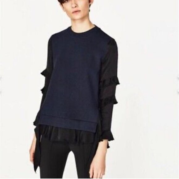 Zara Navy Blue Black Blouse Sweater Frill Ruffle Top Women’s Size Medium - Picture 1 of 6